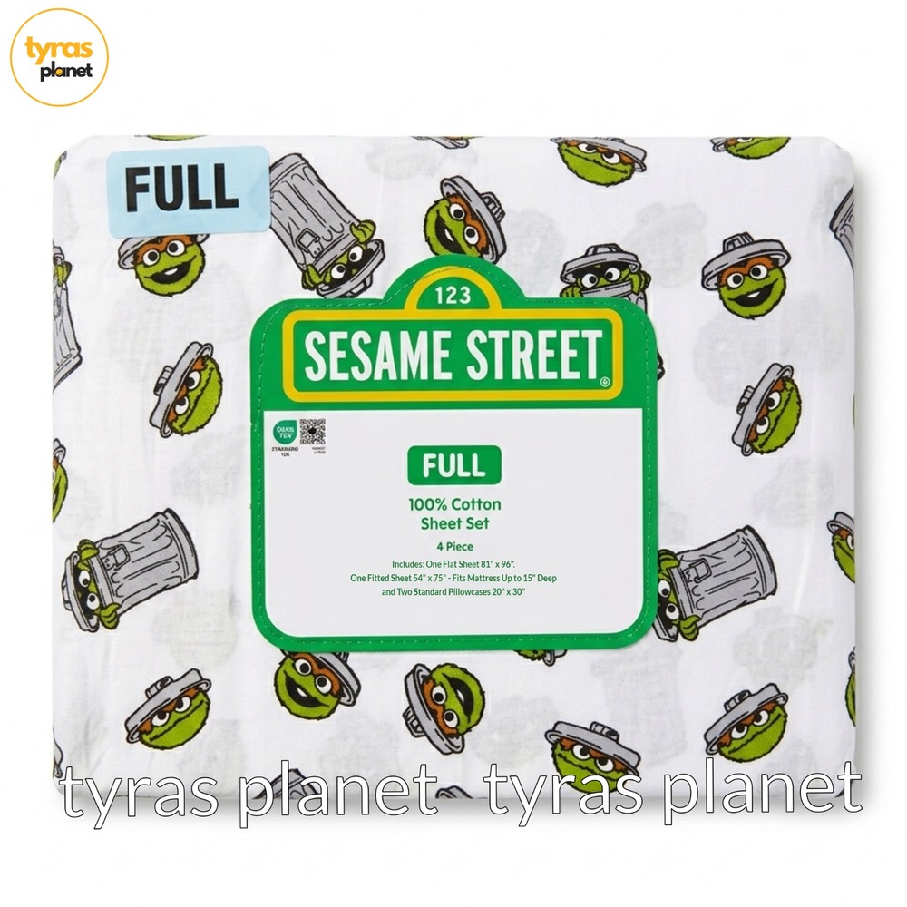 New Sesame Street 4 Piece 100% Cotton Full Size Sheet Set Oscar The Grouch